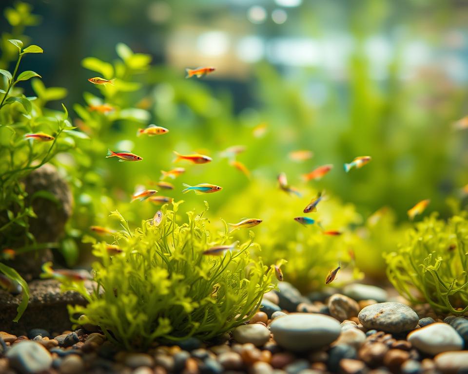 A vibrant underwater scene showcasing resilient nano fish actively feeding in a lush aquatic environment. In the foreground, small, colorful nano fish, about an inch long, dart playfully among delicate aquatic plants, capturing tiny particles of food with their agile movements. The middle ground features clusters of vibrant green algae and scattered pebbles, enhancing the natural habitat. In the background, softly diffused sunlight filters through the water's surface, creating a calm and serene atmosphere. The overall mood is lively yet peaceful, capturing the essence of these fascinating creatures. The image should reflect a high level of detail, as though shot with a macro lens, emphasizing the intricate textures and colors of the fish and their surroundings.