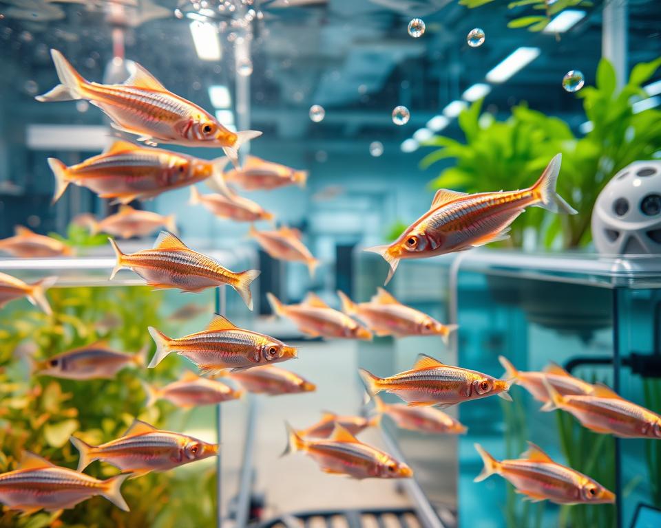 A vibrant underwater scene showcasing resilient nano fish swimming gracefully in an aquaculture environment. In the foreground, detailed close-ups of the nano fish reveal their iridescent scales and streamlined bodies, demonstrating adaptability and vibrancy. The middle ground features a modern aquaculture setup with transparent tanks, aquatic plants, and high-tech equipment, all immersed in soft, diffused lighting that enhances the aquatic atmosphere. In the background, a blurred view of a research facility adds depth, while gentle ripples and bubbles surround the fish, reflecting the harmony of nature and technology. The overall mood is optimistic and dynamic, highlighting the potential of innovative aquaculture practices.
