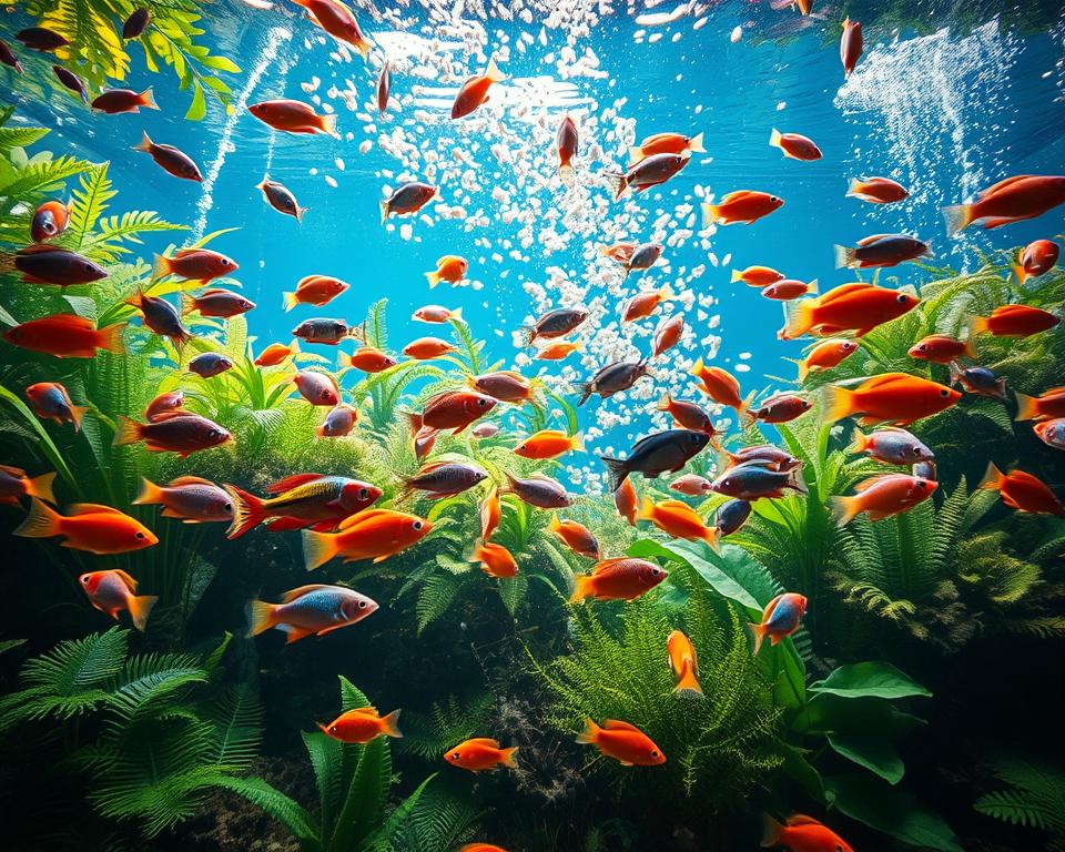 A vibrant underwater scene showcasing various hard water fish actively feeding in a lush aquarium environment. In the foreground, a colorful school of fish, including cichlids and guppies, dart energetically around floating flakes of food that create ripples in the water. The middle ground features an array of aquatic plants, such as java ferns and anubias, providing hiding spots for the fish. In the background, soft beams of sunlight penetrate through the surface, casting a warm glow and creating a tranquil underwater atmosphere. Use a wide-angle lens to emphasize the thriving ecosystem, highlighting the clarity of the water and the vibrant colors of the fish. The overall mood is lively and serene, inviting viewers to appreciate the beauty of aquatic life.