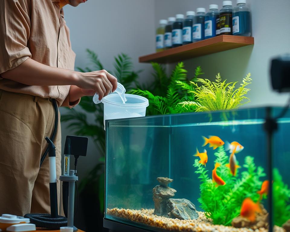 A well-lit aquarium maintenance scene featuring a person in modest casual attire, focused on routine maintenance practices. In the foreground, display a clean aquarium with vibrant fish swimming gracefully, along with essential maintenance tools like a gravel vacuum, algae scraper, and water testing kit neatly arranged. In the middle, show the person filtering water from a bucket into the aquarium, highlighting the process of maintaining water quality. The background includes lush aquatic plants and a wall-mounted shelf with neatly organized bottles of water conditioner and fish food. Soft, natural lighting creates a calm and inviting atmosphere, enhancing the feeling of an enjoyable aquarium care routine. The angle is slightly elevated to capture both the aquarium's details and the person's engagement in the maintenance task.