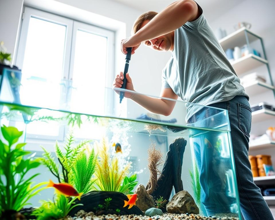 A well-lit aquarium maintenance scene taking place in a bright, airy room. In the foreground, a person wearing modest casual clothing, such as a t-shirt and jeans, is diligently cleaning a fish tank, using a siphon to remove debris from the substrate. Crystal-clear water reflects the soft lighting, creating a serene atmosphere. In the middle ground, the tank is filled with vibrant aquatic plants, colorful fish, and well-placed decorations like driftwood and rocks. The background features shelves stocked with aquarium supplies, such as water conditioners and cleaning tools. A bright window allows natural light to stream in, enhancing the cheerful and calm mood of the space. The angle captures both the action of maintenance and the beauty of the tank, emphasizing the importance of regular care.
