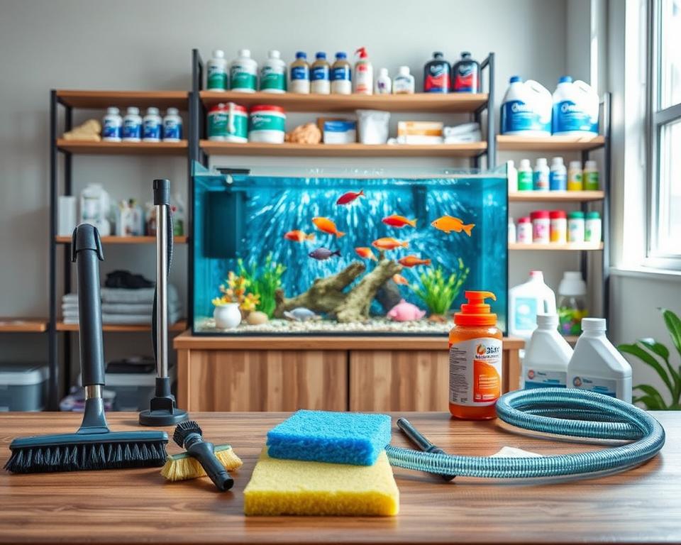 A well-organized tank cleaning setup, displayed in a bright, airy environment. In the foreground, various cleaning tools such as a brush, sponge, and siphon hose are neatly arranged on a wooden table. The middle ground features a large, sparkling aquarium with vibrant fish swimming inside, demonstrating a well-maintained habitat. The background showcases shelves filled with cleaning supplies, including water conditioners and algae removers, all in an organized manner. Soft, natural light filters through a nearby window, casting gentle shadows and enhancing the freshness of the scene. The overall atmosphere is professional and inviting, representing effective preventative measures for tank maintenance, making it feel clean and efficient.