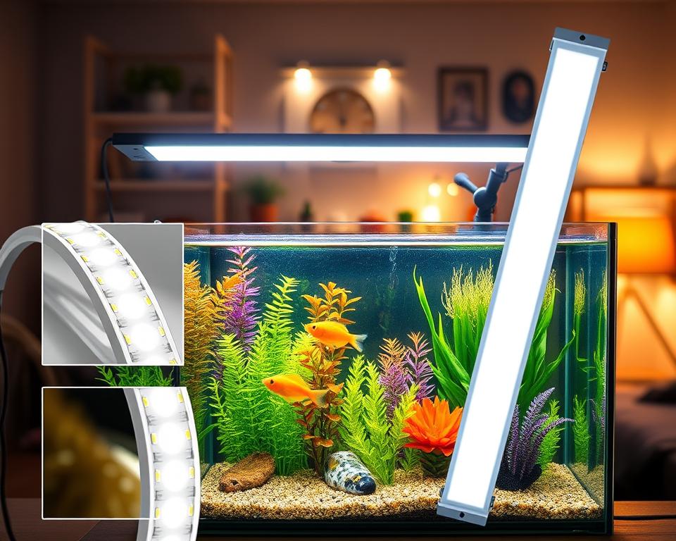 A beautifully arranged aquarium showcasing various DIY affordable lighting solutions, featuring energy-efficient LED lights and simple over-tank fluorescent fixtures. In the foreground, there are close-up views of LED strips mounted along the tank's rim, highlighting their bright, warm illumination reflecting off the glass. The middle ground features a tank filled with colorful, healthy aquatic plants and fish that thrive in the gentle, diffused light. In the background, a cozy home setting is visible, with soft, ambient lighting creating a serene atmosphere. The scene is captured with a wide-angle lens, bathed in a warm glow, conveying a sense of tranquility and inviting viewers to explore innovative lighting ideas. A beautifully arranged aquarium showcasing various DIY affordable lighting solutions, featuring energy-efficient LED lights and simple over-tank fluorescent fixtures. In the foreground, there are close-up views of LED strips mounted along the tank's rim, highlighting their bright, warm illumination reflecting off the glass. The middle ground features a tank filled with colorful, healthy aquatic plants and fish that thrive in the gentle, diffused light. In the background, a cozy home setting is visible, with soft, ambient lighting creating a serene atmosphere. The scene is captured with a wide-angle lens, bathed in a warm glow, conveying a sense of tranquility and inviting viewers to explore innovative lighting ideas.