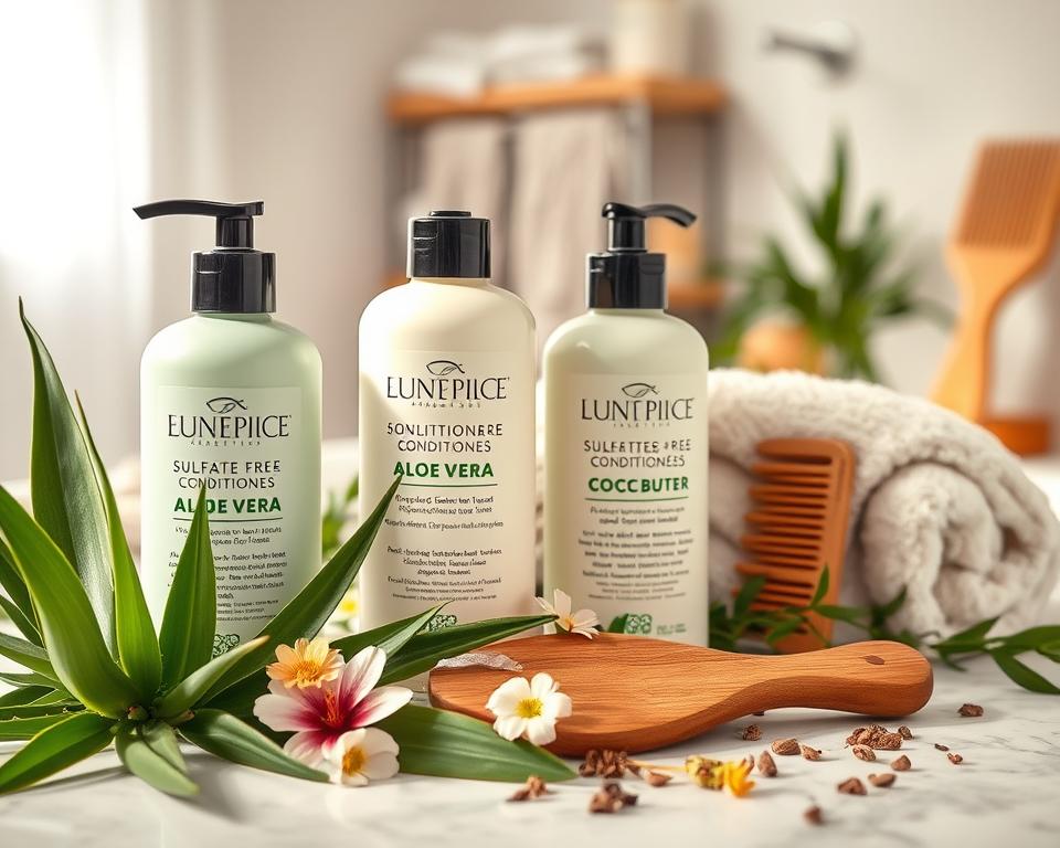 A beautifully arranged display of sulfate-free conditioners in elegant packaging, showcasing a variety of natural ingredients like aloe vera, coconut oil, and shea butter. In the foreground, three bottles of different shapes and sizes are nestled among fresh green leaves and flowers, emphasizing their natural essence. In the middle ground, a wooden comb, a luxurious towel, and a few scattered herbs highlight a nurturing hair-care ritual. The background features a softly blurred bathroom setting with warm, natural lighting, creating a serene and inviting atmosphere. The overall mood should evoke a sense of wellness and care, perfect for individuals seeking solutions for problematic hair. Use a slightly elevated angle to capture the composition, enhancing the visual appeal of the scene.