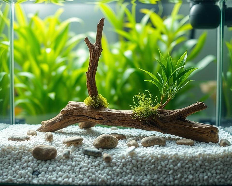 A beautifully arranged minimalist fish tank featuring elegant decor elements. In the foreground, smooth white gravel creates a serene base, dotted with small river stones for texture. In the middle, a single tall, slender piece of driftwood rises gracefully, adorned with delicate low-growing aquatic plants like Java moss and anubias. The background showcases a soft blur of lush green water plants, subtly enhancing the depth of the tank. Soft, natural lighting filters through the tank, casting gentle reflections and shadows that create a tranquil atmosphere. The scene is captured from a slightly elevated angle to emphasize the layering of elements, evoking a sense of calm and harmony in this underwater oasis. A beautifully arranged minimalist fish tank featuring elegant decor elements. In the foreground, smooth white gravel creates a serene base, dotted with small river stones for texture. In the middle, a single tall, slender piece of driftwood rises gracefully, adorned with delicate low-growing aquatic plants like Java moss and anubias. The background showcases a soft blur of lush green water plants, subtly enhancing the depth of the tank. Soft, natural lighting filters through the tank, casting gentle reflections and shadows that create a tranquil atmosphere. The scene is captured from a slightly elevated angle to emphasize the layering of elements, evoking a sense of calm and harmony in this underwater oasis.