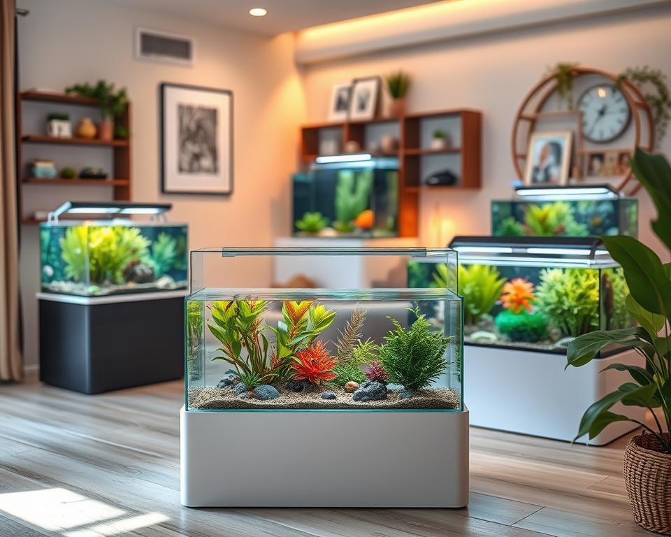A beautifully arranged scene showcasing affordable rimless tanks for home use, prominently featuring various stylish rimless aquariums filled with vibrant aquatic plants and colorful fish. In the foreground, a sleek, modern rimless tank sits on a minimalistic stand, with soft light filtering through the water, creating a soothing ambiance. The middle area captures additional rimless tanks on display, emphasizing their elegant design and functionality, while the background consists of a cozy, well-decorated living space that suggests comfort and style, adorned with home décor items. The lighting is warm and inviting, giving the scene a tranquil atmosphere. The angle is slightly elevated to capture the depth of the aquariums without any text or distracting elements, focusing solely on the aesthetic appeal of the rimless tanks.