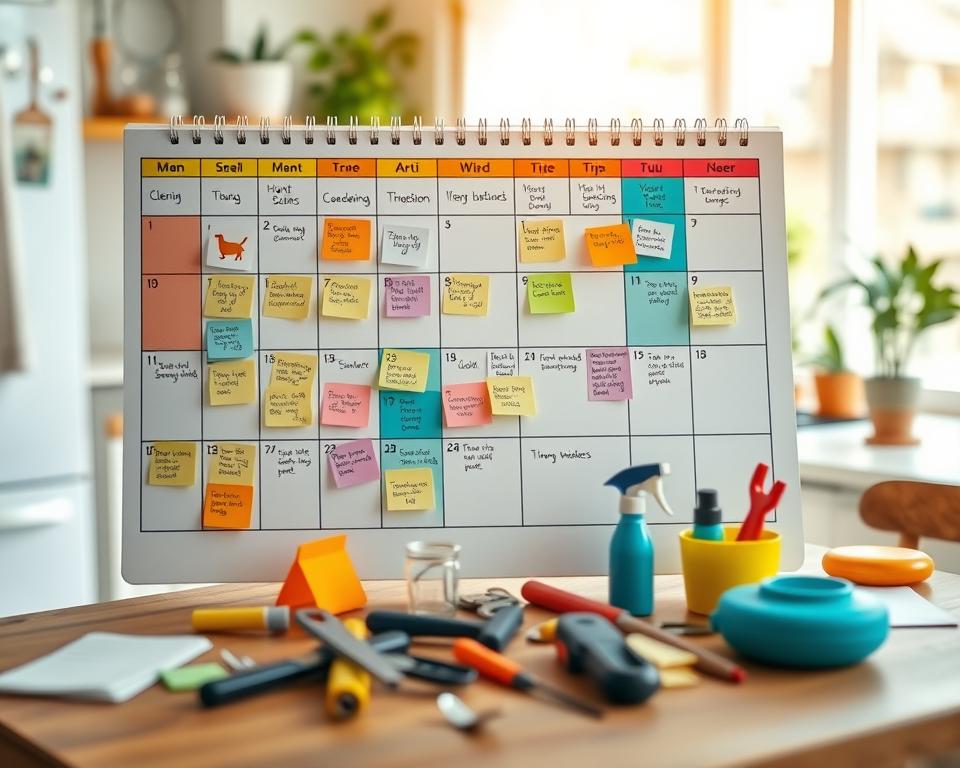 A beautifully designed home maintenance calendar set against a bright and inviting kitchen backdrop. In the foreground, the calendar features colorful sections for each month, adorned with icons representing various home tasks such as cleaning, gardening, and seasonal checks. Various sticky notes with reminders and tips are scattered around the calendar, adding a touch of creativity. The middle layer includes a wooden table with tools, cleaning supplies, and plant care items, suggesting an active maintenance environment. Natural sunlight filters through a nearby window, creating a warm and cheerful atmosphere. Soft focus on the background with hints of houseplants and home decor items, inviting a sense of comfort and organization. The image captures the concept of creative maintenance scheduling techniques in a homely yet practical way. A beautifully designed home maintenance calendar set against a bright and inviting kitchen backdrop. In the foreground, the calendar features colorful sections for each month, adorned with icons representing various home tasks such as cleaning, gardening, and seasonal checks. Various sticky notes with reminders and tips are scattered around the calendar, adding a touch of creativity. The middle layer includes a wooden table with tools, cleaning supplies, and plant care items, suggesting an active maintenance environment. Natural sunlight filters through a nearby window, creating a warm and cheerful atmosphere. Soft focus on the background with hints of houseplants and home decor items, inviting a sense of comfort and organization. The image captures the concept of creative maintenance scheduling techniques in a homely yet practical way.