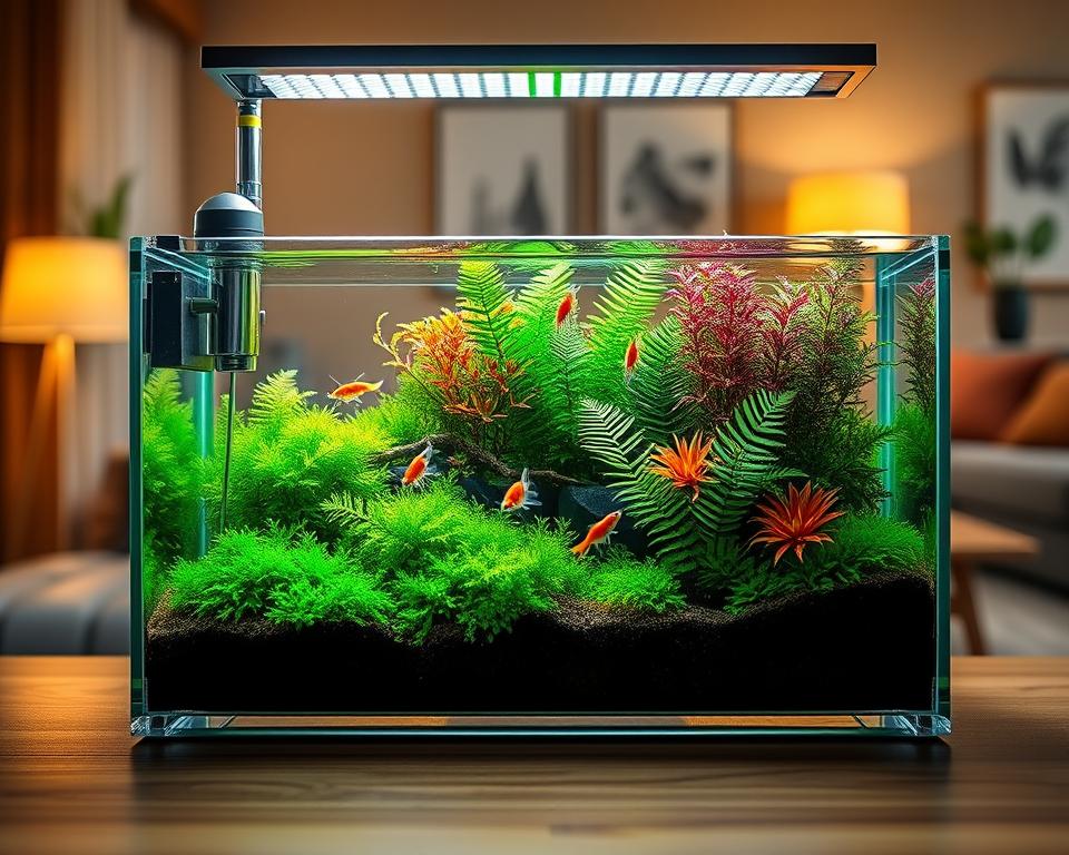 A beautifully designed nano tank featuring vibrant aquatic plants and small fish, illuminated by bright yet soft LED lighting specifically designed for aquariums. In the foreground, showcase the tank with crystal-clear glass and a sleek, modern filtration system. The middle section should highlight the diverse aquatic life, such as colorful shrimp and tiny neon tetras swimming amidst lush green moss and delicate ferns. The background should consist of a softly blurred view of a cozy living space with warm wooden tones and minimalist decor, creating a welcoming atmosphere. The lighting should evoke a tranquil ambiance, casting gentle reflections on the water's surface, while maintaining a focus on the aesthetic appeal of the nano tank setup. Use a close-up angle to emphasize the details of the tank and its inhabitants. A beautifully designed nano tank featuring vibrant aquatic plants and small fish, illuminated by bright yet soft LED lighting specifically designed for aquariums. In the foreground, showcase the tank with crystal-clear glass and a sleek, modern filtration system. The middle section should highlight the diverse aquatic life, such as colorful shrimp and tiny neon tetras swimming amidst lush green moss and delicate ferns. The background should consist of a softly blurred view of a cozy living space with warm wooden tones and minimalist decor, creating a welcoming atmosphere. The lighting should evoke a tranquil ambiance, casting gentle reflections on the water's surface, while maintaining a focus on the aesthetic appeal of the nano tank setup. Use a close-up angle to emphasize the details of the tank and its inhabitants.