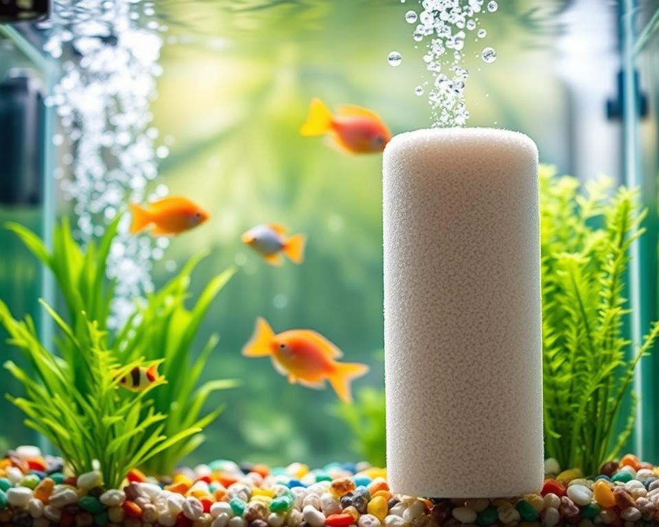 A bright and inviting aquarium setting features a newly installed budget sponge filter, prominently placed in the foreground. The filter is a classic cylindrical design with soft, porous sponge material, nestled among lush green aquatic plants and colorful pebbles at the aquarium's bottom. In the middle ground, vibrant fish swim happily, their scales shimmering in the light. The background showcases a well-maintained aquarium glass, reflecting the gentle bubbles produced by the filter, enhancing the sense of cleanliness. Natural light floods the scene, creating a warm and soothing atmosphere, with a shallow depth of field emphasizing the filter and fish. The composition captures the ease and efficiency of setting up the sponge filter, embodying a peaceful underwater environment conducive to aquatic life. A bright and inviting aquarium setting features a newly installed budget sponge filter, prominently placed in the foreground. The filter is a classic cylindrical design with soft, porous sponge material, nestled among lush green aquatic plants and colorful pebbles at the aquarium's bottom. In the middle ground, vibrant fish swim happily, their scales shimmering in the light. The background showcases a well-maintained aquarium glass, reflecting the gentle bubbles produced by the filter, enhancing the sense of cleanliness. Natural light floods the scene, creating a warm and soothing atmosphere, with a shallow depth of field emphasizing the filter and fish. The composition captures the ease and efficiency of setting up the sponge filter, embodying a peaceful underwater environment conducive to aquatic life.