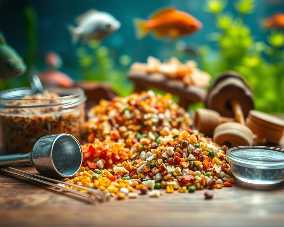 A close-up composition of a variety of fish foods, including flakes, pellets, and freeze-dried options, neatly arranged on a wooden surface. In the foreground, delicate feeding tools such as a scoop, a pipette, and a small bowl are artistically displayed to the side, highlighting the gear's importance. The middle ground showcases the colorful fish food, with particular focus on the textures and vibrant colors that attract fish. The background features a softly blurred aquarium scene with plants and fish subtly swimming, creating a serene atmosphere. Use soft, natural lighting to enhance the colors and textures, with a shallow depth of field to draw attention to the fish food and tools while maintaining an overall aquatic mood.