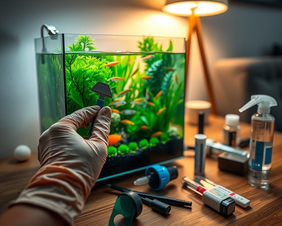 A close-up scene depicting the maintenance of a nano tank in a well-lit home environment. In the foreground, a pair of hands, wearing subtle rubber gloves, carefully positions a small algae scraper against the glass of a vibrant, well-planted nano aquarium filled with colorful fish. In the middle, the nano tank showcases lush green plants, tiny aquatic decorations, and crystal-clear water, reflecting a serene ambiance. Surrounding the tank, various cleaning tools like a siphon and a water test kit are organized neatly on a wooden tabletop. The background features soft, warm lighting from a nearby lamp, enhancing the cozy atmosphere. The focus is clear and sharp, with a shallow depth of field to emphasize the tank's details, creating a sense of tranquility and dedication to aquarium care. A close-up scene depicting the maintenance of a nano tank in a well-lit home environment. In the foreground, a pair of hands, wearing subtle rubber gloves, carefully positions a small algae scraper against the glass of a vibrant, well-planted nano aquarium filled with colorful fish. In the middle, the nano tank showcases lush green plants, tiny aquatic decorations, and crystal-clear water, reflecting a serene ambiance. Surrounding the tank, various cleaning tools like a siphon and a water test kit are organized neatly on a wooden tabletop. The background features soft, warm lighting from a nearby lamp, enhancing the cozy atmosphere. The focus is clear and sharp, with a shallow depth of field to emphasize the tank's details, creating a sense of tranquility and dedication to aquarium care.
