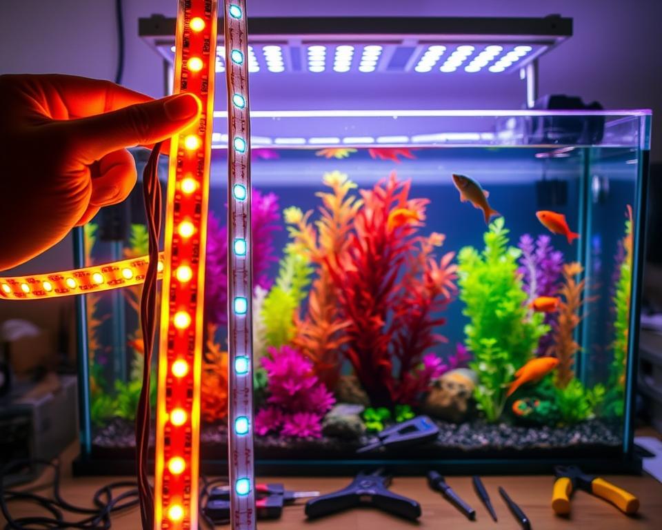 A close-up view of a well-lit aquarium during the installation of low-cost LED lights. In the foreground, brightly colored LED strips are being adjusted to various aquarium sections, casting a warm glow. The middle ground features an aquarium filled with vibrant aquatic plants and fish, illuminated by the new lighting, showcasing their colors vividly. The background includes a toolset with pliers and wires, neatly arranged on a workspace, reflecting the DIY aspect of the installation. The scene is well-lit with soft, diffused light to create an inviting atmosphere, captured from a slightly elevated angle to emphasize the aquarium's layout and details. A close-up view of a well-lit aquarium during the installation of low-cost LED lights. In the foreground, brightly colored LED strips are being adjusted to various aquarium sections, casting a warm glow. The middle ground features an aquarium filled with vibrant aquatic plants and fish, illuminated by the new lighting, showcasing their colors vividly. The background includes a toolset with pliers and wires, neatly arranged on a workspace, reflecting the DIY aspect of the installation. The scene is well-lit with soft, diffused light to create an inviting atmosphere, captured from a slightly elevated angle to emphasize the aquarium's layout and details.