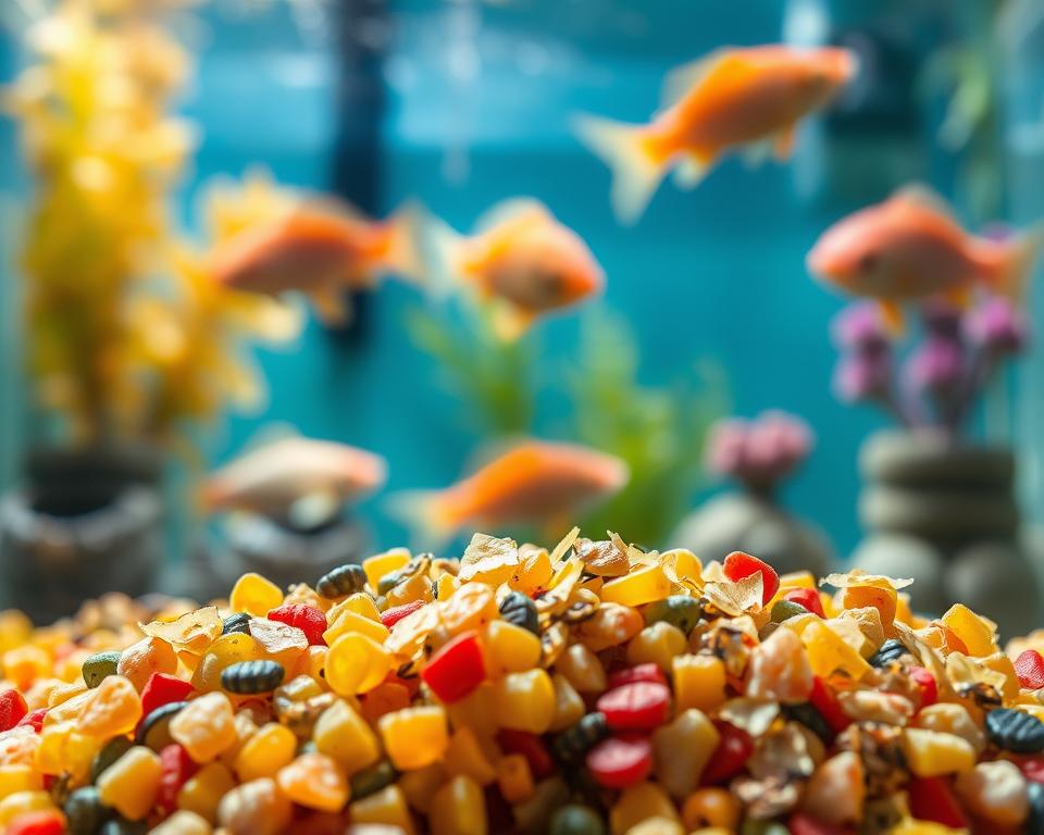 A close-up view of high-quality fish feed, featuring a variety of pellets and flakes, showcasing their rich colors and textures. The foreground highlights a handful of vibrant, nutrient-dense fish food particles, some glistening under soft, natural lighting. In the middle ground, a clear aquarium setting is depicted, with healthy fish swimming in the background, illustrating the effectiveness of the feed. The background is softly blurred to emphasize the feed in the foreground while slightly revealing aquatic plants and decorations, adding depth to the scene. The overall mood is inviting and informative, with a focus on the quality of the fish food. Use a shallow depth of field to create a professional and polished look, as if taken with a macro lens.