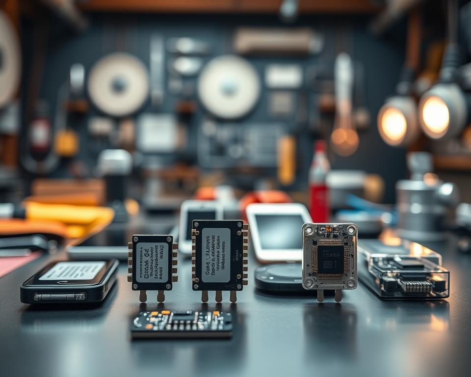 A close-up view of low power filters integrated into consumer electronics, displayed prominently at the forefront of the image. The filters are designed with sleek, modern casing, showcasing soldered connections and labeled components for clarity. In the middle ground, a variety of small electronic devices like smartphones, tablets, and smart home gadgets with transparent casings highlight the application of these filters, allowing a glimpse of the inner workings. The background features a softly blurred, high-tech workshop environment with tools and schematics subtly illuminated by warm, ambient lighting creating an inviting atmosphere. Use a shallow depth of field to emphasize the filters while adding a touch of sophistication. The overall mood should convey innovation and precision in technology.