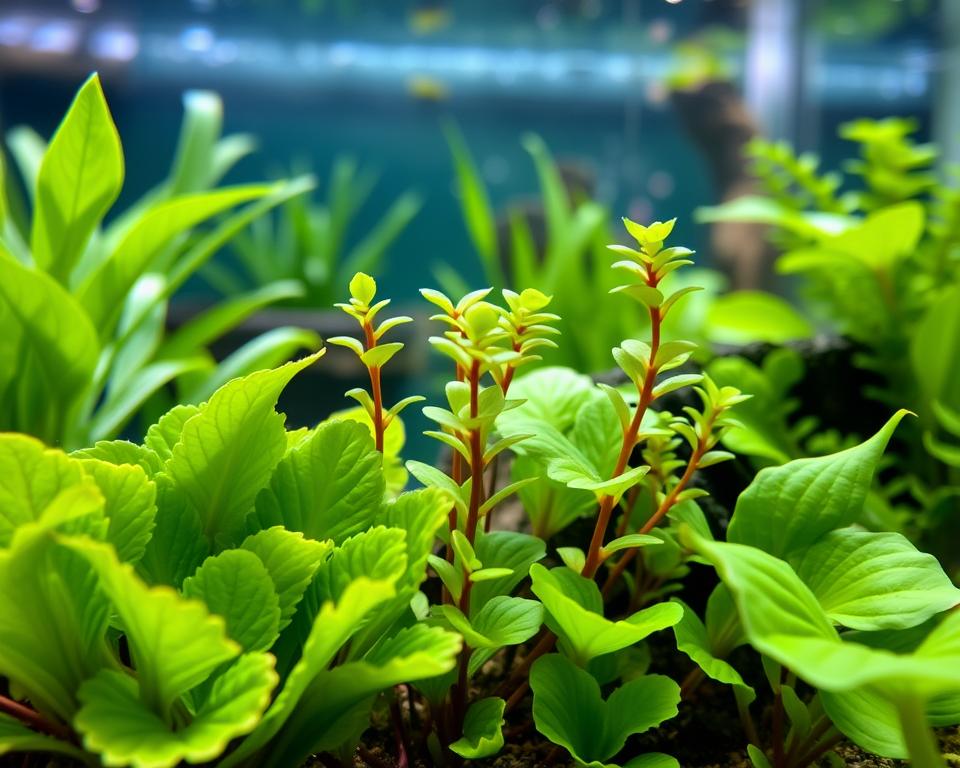 A close-up view of various Cryptocoryne species in an aquarium setting, showcasing their vibrant green leaves and unique shapes. In the foreground, a healthy cluster of Cryptocoryne with broad, rippled leaves is highlighted, while several smaller plants are propagating through runners in the middle ground. The background features soft-focused aquarium scenery with subtle bubbles and other aquatic plants, creating a serene underwater environment. Soft, natural lighting illuminates the scene, enhancing the textures and colors of the plants. The angle is slightly above the water line, providing a clear view of the propagation process. The overall mood is tranquil and educational, perfect for illustrating plant propagation methods.