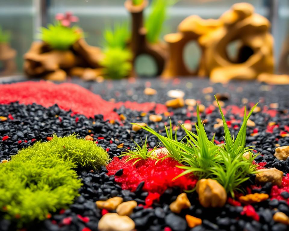 A close-up view of vibrant aquarium substrate in different textures and colors, featuring fine black gravel, bright red sand, and natural brown pebbles, arranged artistically in a freshwater tank. In the foreground, delicate green moss and colorful aquatic plants emerge from the substrate, creating a lush atmosphere. The middle ground showcases a crystal-clear water surface with light reflections dancing softly across it. In the background, a gently blurred view of ornamental decorations like driftwood and ceramic caves adds depth to the scene. The lighting is warm, illuminating the substrate colors and emphasizing the textures. Capture the tranquility and beauty of a well-maintained aquarium environment with a serene and inviting mood.