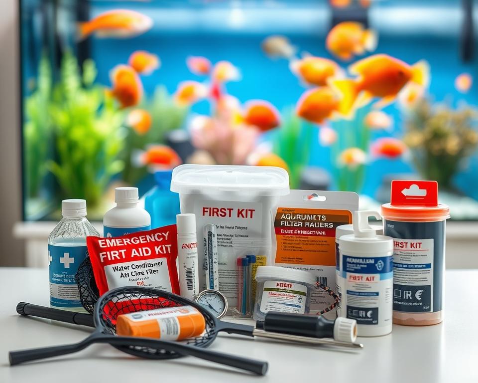 A collection of emergency fish care supplies arranged artfully on a clean, well-lit tabletop. In the foreground, showcase a fish net, water conditioner bottles, and a first aid kit specifically designed for aquatic life, all neatly organized. In the middle, there should be a thermometer, water testing kits, and spare aquarium filters, creating a sense of preparation and organization. The background features a blurred aquarium filled with vibrant, healthy fish swimming actively, highlighting the importance of care. Use soft, natural lighting to create a calm and reassuring atmosphere, with a shallow depth of field focusing on the supplies. The scene should evoke a sense of readiness and responsibility, ideal for aquarium owners preparing for emergencies.