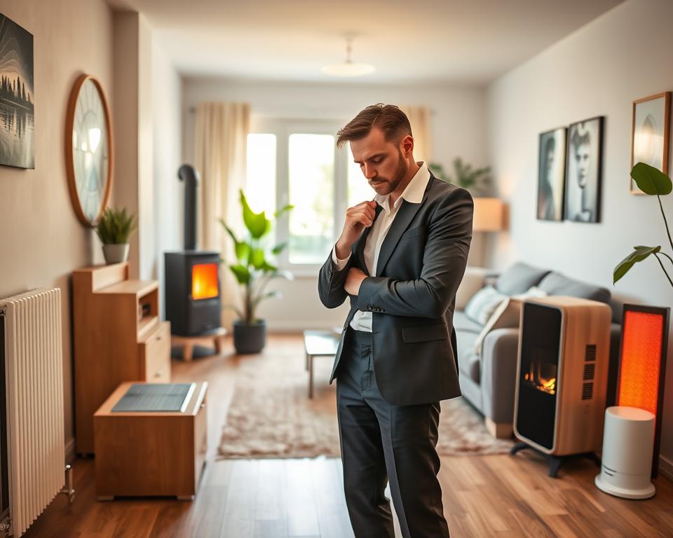 A cozy living room set in a modern home, showcasing various eco-conscious heating options such as a sleek electric radiator, an energy-efficient wood stove, and a stylish infrared heater. In the foreground, a person dressed in professional business attire examines an energy-efficient heater with a thoughtful expression. The middle ground features a beautifully arranged space with warm wooden accents and a green potted plant, emphasizing a harmonious environment. The background reveals a large window with sunlight filtering through, casting a warm, inviting glow across the room. The overall atmosphere is serene and inviting, highlighting the benefits of energy-efficient heating solutions in a sustainable lifestyle. Use soft lighting, a slightly angled perspective to capture depth and comfort.