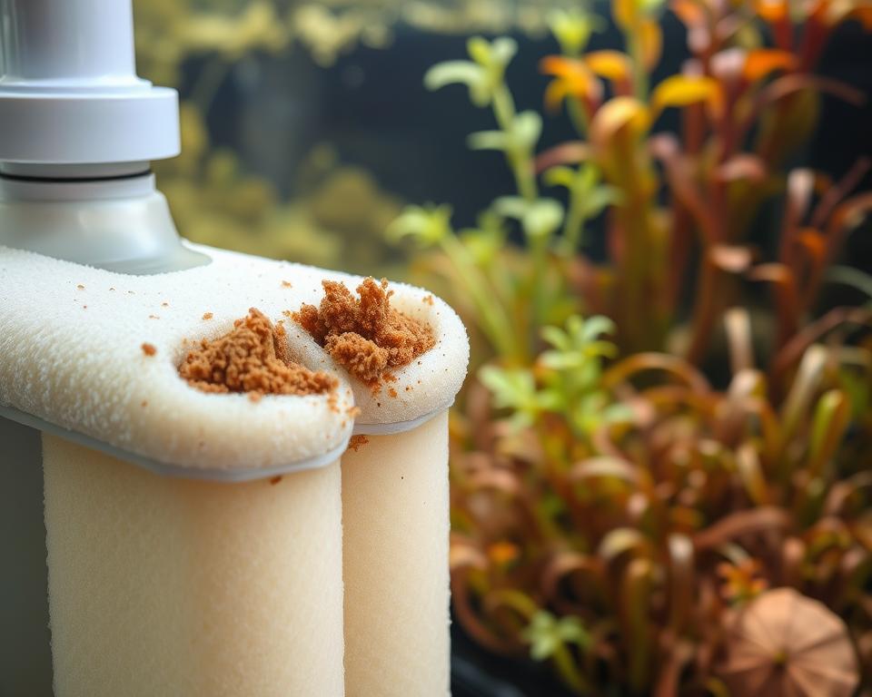 A detailed aquarium setup showcasing common biological filtration issues. In the foreground, a close-up of a filter system showing clogged sponge filters with brown debris, indicating poor water quality. The middle ground features a tank with murky water and visible algae bloom, hinting at overgrowth and imbalance. In the background, a lush aquarium landscape with plants struggling to thrive, some discolored or wilted, creating a sense of distress. Soft, natural lighting highlights the textures of the filters and plants, with a slight focus on the foreground, creating depth. The mood is informative yet concerning, illustrating the challenges of maintaining a healthy aquatic environment. A detailed aquarium setup showcasing common biological filtration issues. In the foreground, a close-up of a filter system showing clogged sponge filters with brown debris, indicating poor water quality. The middle ground features a tank with murky water and visible algae bloom, hinting at overgrowth and imbalance. In the background, a lush aquarium landscape with plants struggling to thrive, some discolored or wilted, creating a sense of distress. Soft, natural lighting highlights the textures of the filters and plants, with a slight focus on the foreground, creating depth. The mood is informative yet concerning, illustrating the challenges of maintaining a healthy aquatic environment.