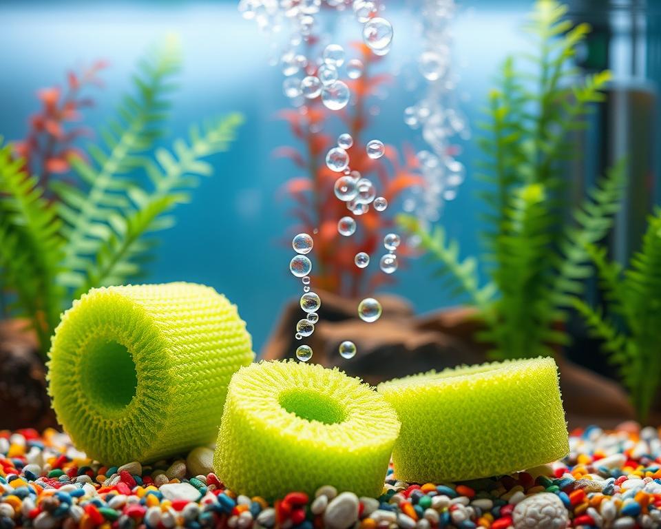 A detailed close-up of economical sponge filters designed for fish tanks, showcasing their intricate texture and structure. In the foreground, a few bright green sponge filters are placed in an aquarium filled with clear water and colorful gravel, surrounded by healthy aquatic plants like Java fern and Anubias. The middle ground features bubbles rising from the filters, indicating water flow and filtration in action. In the background, a softly lit aquarium environment with a subtle blue hue adds tranquility, while a gentle light source highlights the sponges' surfaces, enhancing their vibrant colors. The overall mood is serene and eco-friendly, emphasizing the environmental benefits of using sponge filters in aquariums, illuminated with a crisp, clear focus that invites viewers to appreciate this sustainable solution. A detailed close-up of economical sponge filters designed for fish tanks, showcasing their intricate texture and structure. In the foreground, a few bright green sponge filters are placed in an aquarium filled with clear water and colorful gravel, surrounded by healthy aquatic plants like Java fern and Anubias. The middle ground features bubbles rising from the filters, indicating water flow and filtration in action. In the background, a softly lit aquarium environment with a subtle blue hue adds tranquility, while a gentle light source highlights the sponges' surfaces, enhancing their vibrant colors. The overall mood is serene and eco-friendly, emphasizing the environmental benefits of using sponge filters in aquariums, illuminated with a crisp, clear focus that invites viewers to appreciate this sustainable solution.