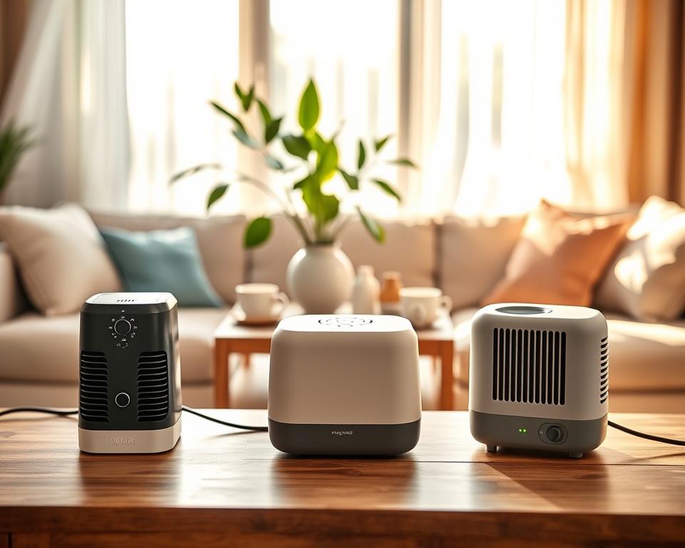 A detailed comparison of popular silent air pumps displayed artistically on a wooden table in a well-lit living room setting. In the foreground, three distinct air pump models from different brands, featuring sleek, modern designs and varied colors, are arranged neatly with a soft focus on their details. The middle ground showcases an elegant decorative plant and other home comfort items, creating a cozy and inviting atmosphere. The background reveals a sunlit window with sheer curtains gently swaying, casting soft shadows that enhance the tranquil mood. The lighting is warm and natural, emphasizing the peaceful home comfort theme. Capture this scenario with a shallow depth of field to bring attention to the pumps while subtly suggesting their integration into a serene living space. A detailed comparison of popular silent air pumps displayed artistically on a wooden table in a well-lit living room setting. In the foreground, three distinct air pump models from different brands, featuring sleek, modern designs and varied colors, are arranged neatly with a soft focus on their details. The middle ground showcases an elegant decorative plant and other home comfort items, creating a cozy and inviting atmosphere. The background reveals a sunlit window with sheer curtains gently swaying, casting soft shadows that enhance the tranquil mood. The lighting is warm and natural, emphasizing the peaceful home comfort theme. Capture this scenario with a shallow depth of field to bring attention to the pumps while subtly suggesting their integration into a serene living space.