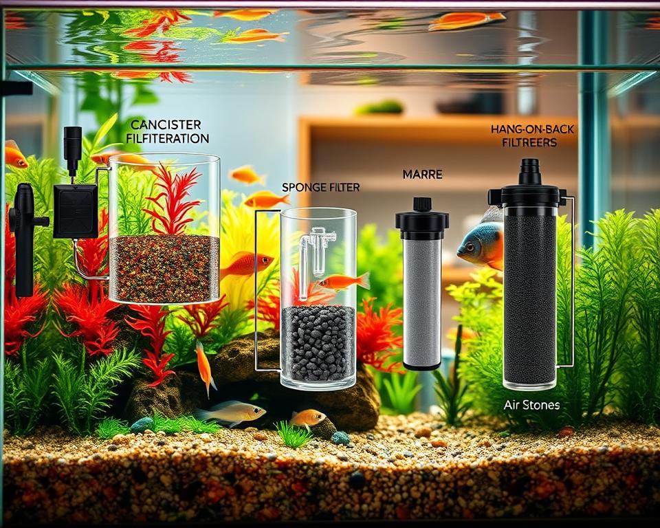 A detailed cross-section of an aquarium showcasing the filtration process. In the foreground, a vibrant aquarium teeming with colorful fish, aquatic plants, and intricate gravel to illustrate a healthy ecosystem. The middle ground features various types of filtration systems: a canister filter, a sponge filter, and a hang-on-back filter, highlighting the mechanics of biological filtration, complete with labeled components like air stones and filter media. In the background, a soft-focus of an aquarium stand, light gently illuminating the scene with a warm glow to create a tranquil and inviting atmosphere. The perspective is slightly elevated, capturing the depth and layers of the aquarium setup. Aim for a realistic style with natural colors and textures to emphasize the importance of choosing the right aquarium size for optimal filtration. A detailed cross-section of an aquarium showcasing the filtration process. In the foreground, a vibrant aquarium teeming with colorful fish, aquatic plants, and intricate gravel to illustrate a healthy ecosystem. The middle ground features various types of filtration systems: a canister filter, a sponge filter, and a hang-on-back filter, highlighting the mechanics of biological filtration, complete with labeled components like air stones and filter media. In the background, a soft-focus of an aquarium stand, light gently illuminating the scene with a warm glow to create a tranquil and inviting atmosphere. The perspective is slightly elevated, capturing the depth and layers of the aquarium setup. Aim for a realistic style with natural colors and textures to emphasize the importance of choosing the right aquarium size for optimal filtration.
