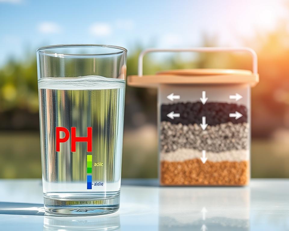 A detailed illustration of pH levels in a water filtration process. In the foreground, a clear glass container filled with pristine water showcases vibrant indicators displaying different pH levels, ranging from acidic to alkaline. The middle ground features a simple DIY water filter setup made of natural materials like sand, gravel, and activated charcoal, with arrows indicating the flow of water through the layers. The background displays a serene nature scene, including green vegetation and a clear blue sky, symbolizing clean water sources. Bright, natural lighting emphasizes clarity and freshness, while a soft focus effect adds a calming atmosphere. The overall mood should convey a sense of simplicity and ecological balance, ideal for illustrating the science of water purification.