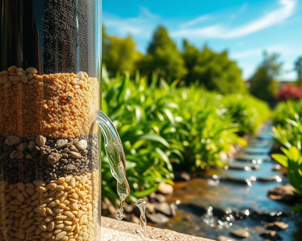 A detailed scene of a biofilter water purification system, showcasing layers of natural materials such as gravel, sand, and activated carbon in a transparent container. In the foreground, a close-up of water flowing through these layers, highlighting the filtering process. In the middle ground, a lush green garden surrounds the biofilter, with vibrant plants and a small stream reflecting sunlight, suggesting cleanliness and purity. The background features a clear blue sky, with soft wispy clouds to convey a tranquil atmosphere. The lighting is warm and natural, evoking a sense of sustainability and eco-friendliness. The angle is slightly elevated to capture the intricate design of the biofilter while maintaining focus on the water flow.