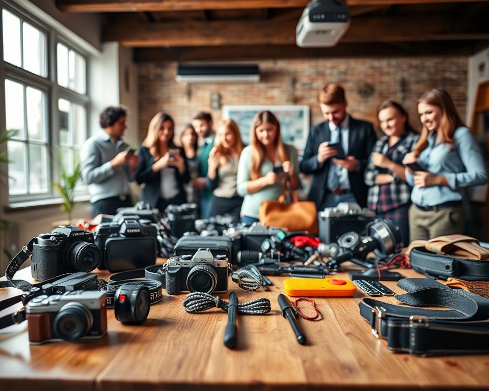 A dynamic scene showcasing a selection of affordable secondary market gear for various hobbies, prominently displayed on a wooden table in a well-lit room. In the foreground, focus on quality used items like cameras, musical instruments, and outdoor gear, each item showcasing signs of careful use, emphasizing their value. In the middle ground, a diverse group of individuals dressed in smart casual attire enthusiastically examining the gear, illustrating the excitement of bargain hunting. The background features soft natural light filtering through a window, creating a warm and inviting atmosphere. Capture this moment with a slight depth-of-field effect, ensuring the gear is in sharp focus while keeping the people slightly blurred to enhance personal interaction. The overall mood is vibrant, optimistic, and engaging, inviting viewers to explore their own finds.