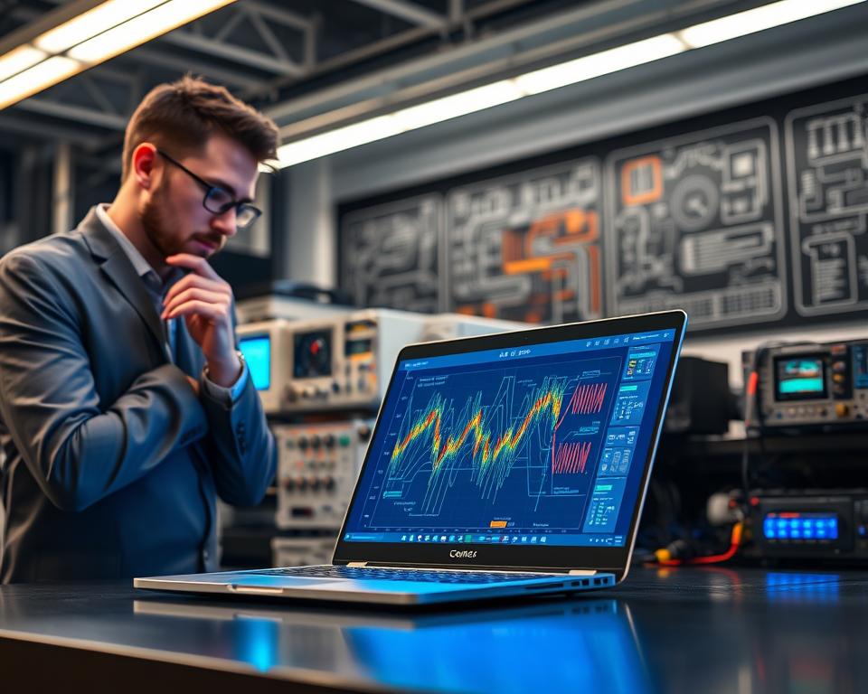 A high-tech laboratory scene, showcasing a detailed simulation of a low power filter design on a computer screen. In the foreground, a sleek laptop is open, displaying colorful graphs and circuit schematics illuminated by soft blue light. To the left, a professional in smart casual clothing is intently analyzing the design, with focused expression and hand on chin. The middle ground features modern lab equipment, including oscilloscopes and signal analyzers, with a subtle glow highlighting their intricate interfaces. The background shows a wall filled with electronic components and diagrams. The atmosphere is one of innovation and concentration, lit by bright overhead lights, creating a sharp contrast against the darker surroundings. Overall, the setting feels dynamic and forward-thinking, perfectly embodying the essence of designing low power filters.