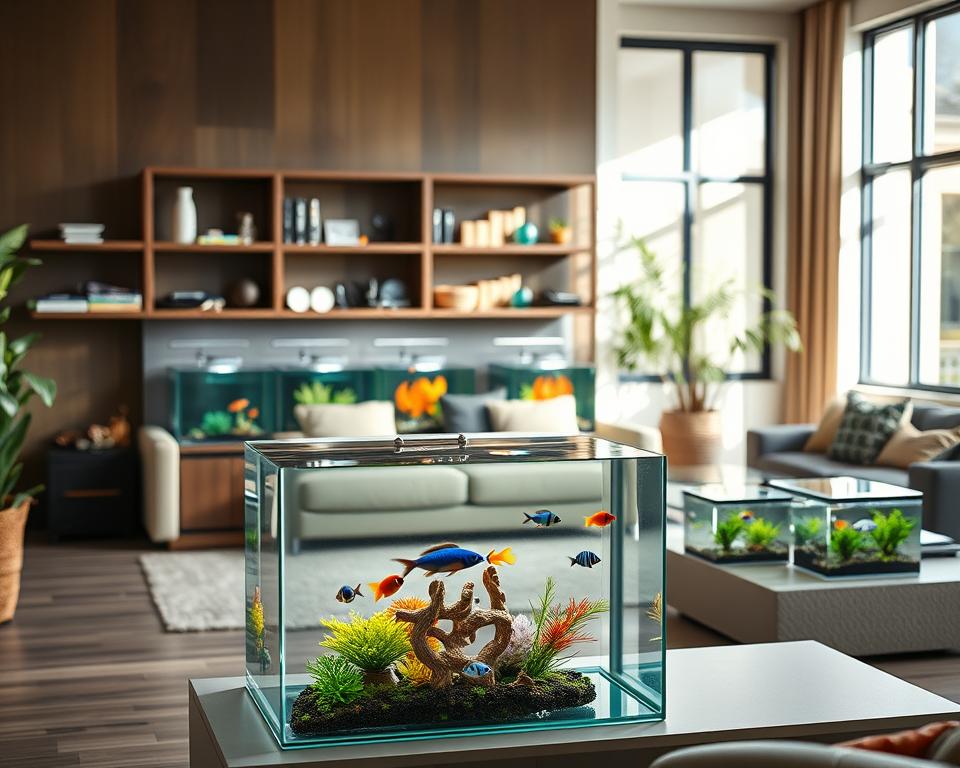 A modern living room featuring an array of aesthetically pleasing rimless aquarium tanks, showcasing various aquatic plants and colorful fish. In the foreground, focus on a sleek, medium-sized rimless tank with crystal-clear glass, illuminated by soft, ambient lighting that highlights the natural beauty of the fish. The middle ground includes several smaller rimless tanks on display, each elegantly designed with vibrant aquatic life and unique decor. In the background, a well-decorated shelf displays tools and accessories for aquarium maintenance, with a warm, inviting atmosphere created by plush furnishings and natural light streaming in from a large window. The scene conveys a sense of tranquility and sophistication, ideal for any home.