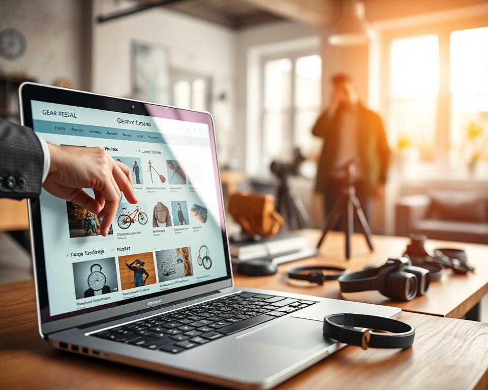 A modern, sleek gear resale platform interface displayed on a laptop screen, prominently placed in the foreground with soft reflections on the screen. Hands in professional business attire are interacting with the interface, pointing and navigating through listings of affordable secondary market gear like cameras, bicycles, and musical instruments. In the middle ground, a well-organized workspace is visible with gear items neatly arranged on a stylish wooden desk, such as tripods and headphones, creating a sense of an inviting marketplace. In the background, a blurred image of a cozy, well-lit room enhances the atmosphere, filled with natural light streaming in through large windows. The mood is entrepreneurial and inspiring, encouraging a perspective of finding value in pre-owned equipment. Use a shallow depth of field to create focus on the foreground elements.