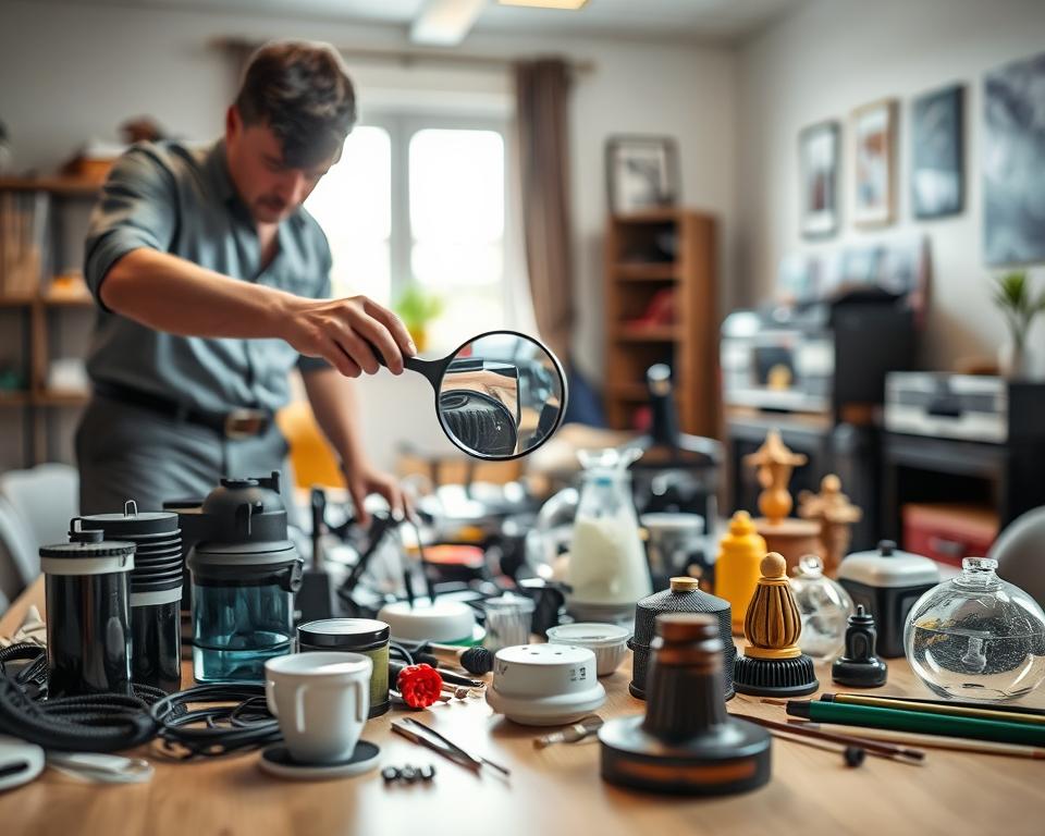 A person wearing a professional casual outfit inspects a selection of used aquarium equipment on a table. In the foreground, focus on a variety of items like filters, heaters, and decorative ornaments, with a magnifying glass in hand to emphasize the inspection process. The middle ground features a detailed, well-lit workspace scattered with tools and equipment, creating a sense of careful examination. The background is subtly blurred, showcasing a clean, organized room with a window letting in soft, natural light, illuminating the scene. Aim for a warm, inviting atmosphere that reflects a sense of diligence and preparation. The image should capture the essence of thoroughness and care in choosing quality used items for fishkeeping.