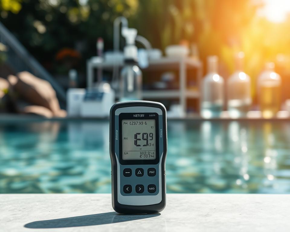 A portable water quality meter is placed prominently in the foreground, showcasing its sleek design and digital display. The meter is surrounded by examples of clean water sources, such as a river or lake, while displaying the readings of parameters like pH and turbidity. In the middle ground, a soft-focused view of a laboratory setting with essential testing equipment can be seen, representing professionalism and scientific rigor. The background features a serene natural landscape with clear water, evoking a sense of purity and safety. The lighting is bright and natural, simulating a sunny day, focusing on the reliability of portable water testing. Capture a crisp, close-up angle to convey detail and clarity, with an overall mood of trust and assurance in water quality.