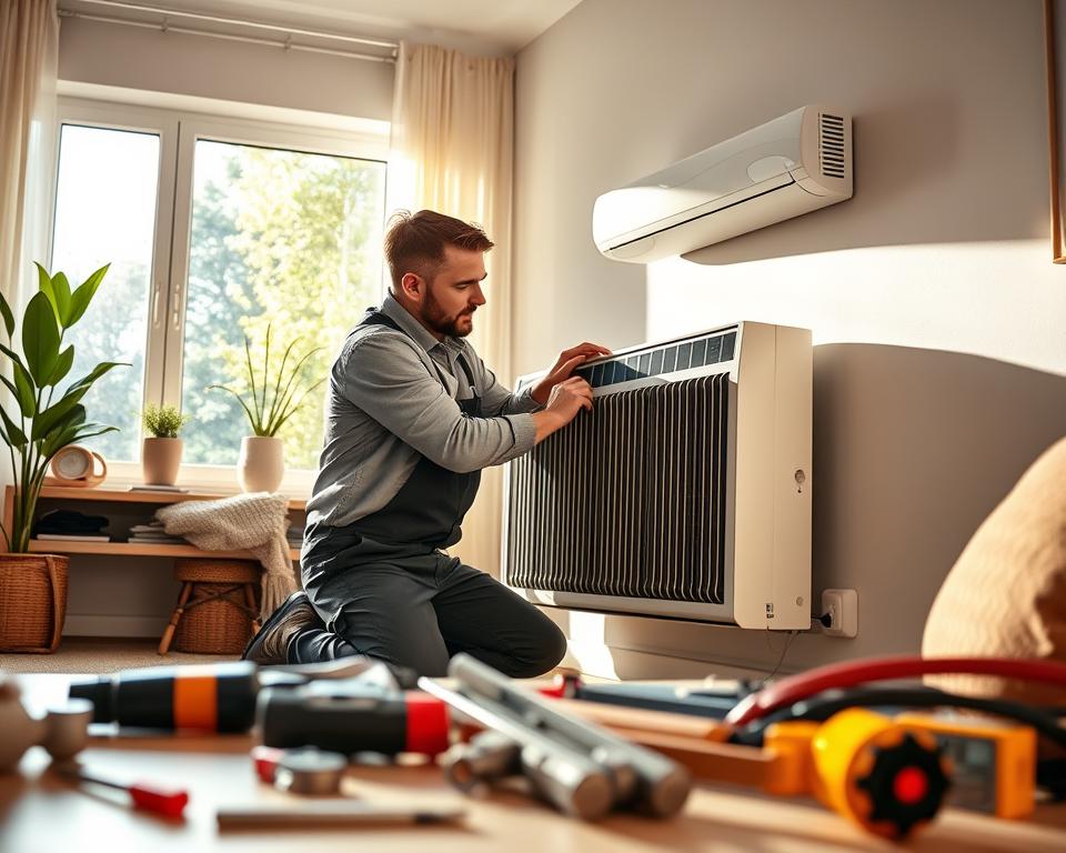 A professional technician, dressed in a smart uniform, is meticulously installing a top-rated electric heater in a modern, well-lit living room. The foreground features tools and installation equipment, emphasizing precision and care. In the middle, the technician is focused on securing the heater to the wall, surrounded by energy-efficient design elements like eco-friendly decor and a cozy atmosphere. The background shows a stylish window allowing natural light to stream in, highlighting the room's warm colors. The lighting is bright yet soft, conveying a sense of cleanliness and efficiency, with a slight angle that captures the entire scene effectively. The overall mood is professional and inviting, showcasing the importance of proper installation for optimal energy efficiency.