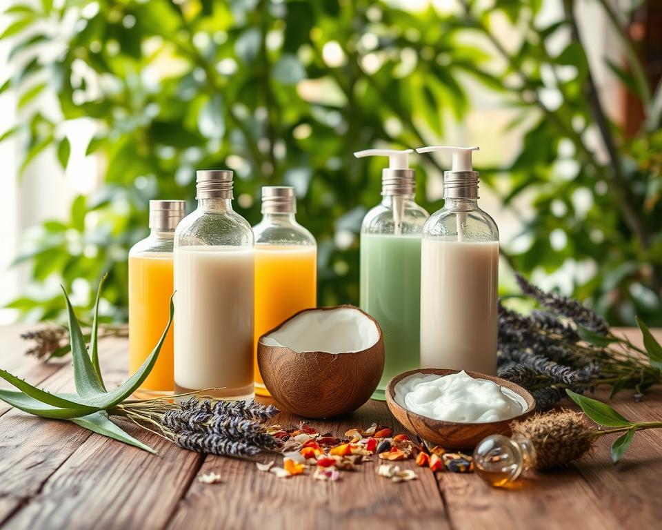 A serene and inviting scene featuring an array of plant-based hair conditioners displayed artistically on a rustic wooden table. In the foreground, focus on elegantly shaped glass bottles filled with vibrant, natural-colored conditioners, surrounded by fresh botanical ingredients like aloe vera, argan oil, and lavender sprigs. The middle ground showcases a small bowl of coconut oil and a scattering of dried flowers, adding texture and color. In the background, soft, diffused natural light filters through lush green foliage, enhancing the organic atmosphere. The composition should evoke a sense of tranquility and sustainability, emphasizing the nourishing properties of these natural products. The angle should be slightly overhead, creating an intimate and cozy vibe.