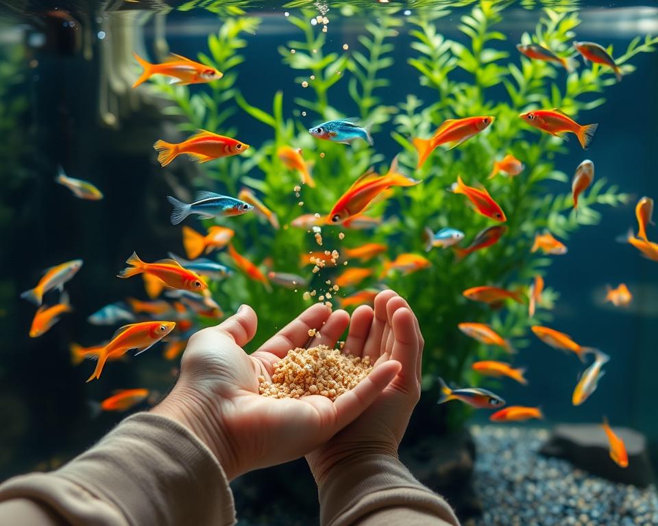 A serene aquarium scene featuring a vibrant group of guppies of various colors – including brilliant oranges, electric blues, and soft greens – swimming actively around a small feeding station. In the foreground, a pair of hands, wearing casual, modest attire, gently disperses tiny flakes of fish food into the water. The guppies eagerly gather around the food, creating a dynamic splash effect. The middle background showcases lush aquatic plants, adding depth and a natural habitat feel to the scene. Soft, natural light filters through the aquarium glass, casting gentle reflections, while the overall mood radiates a sense of care and enjoyment in feeding these lively fish. The angle captures both the hands and the fish, creating an engaging and informative visual.
