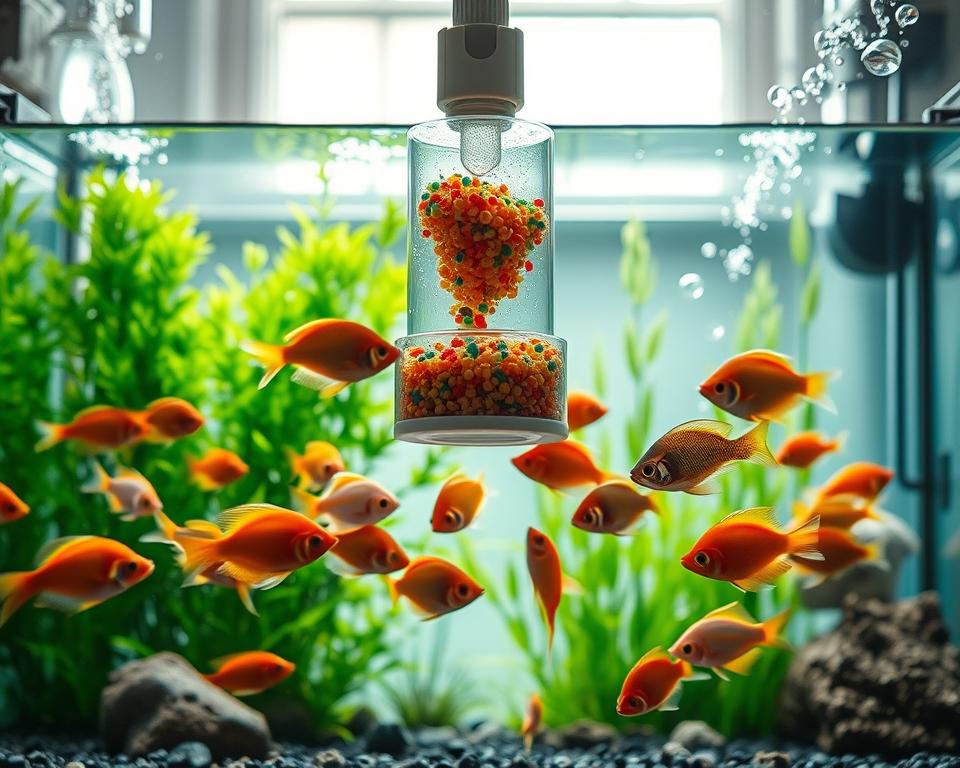 A serene aquarium scene highlighting the process of transitioning fish to new food. In the foreground, a vibrant school of tropical fish, such as neon tetras and guppies, are curiously approaching a floating dispenser with colorful pellets and flakes. The middle layer features a clear, well-maintained aquarium, with lush green aquatic plants and subtle bubbles rising from a filter. In the background, soft, natural lighting filters through a window, creating a calming atmosphere. The scene captures a sense of curiosity and tranquility, inviting the viewer to observe the fish's dietary transition. Use a close-up shot to emphasize the fish's expressions and the vivid colors of the food.