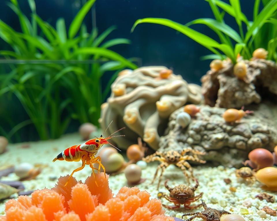 A serene aquarium scene showcasing invertebrates in a clean, vibrant environment. In the foreground, a close-up of a colorful shrimp and delicate sea stars resting on bright coral, highlighting their textures and colors. The middle ground features healthy snails and various small crabs, all occupying a meticulously maintained substrate. In the background, lush aquatic plants sway gently in the water, creating a sense of depth and tranquility. Soft, natural lighting filters through the water surface, casting gentle shadows and enhancing the vivid colors of the invertebrates. The overall mood is peaceful and inviting, emphasizing the importance of proper care and the beauty of these aquatic creatures in a clean tank setting.