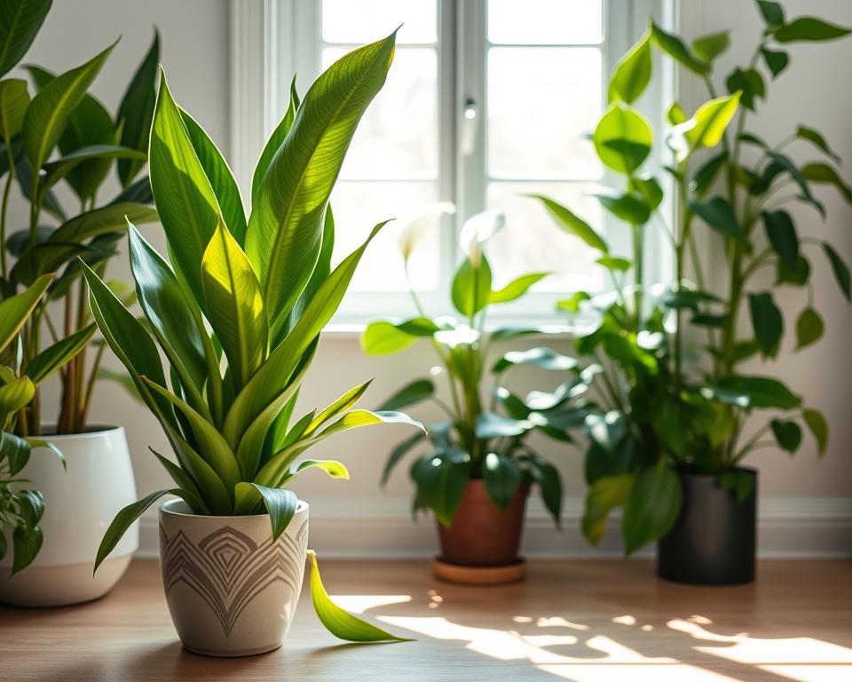 A serene indoor environment showcasing various oxygenating plants, such as Snake Plants, Peace Lilies, and Pothos, in different stages of growth. In the foreground, a vibrant green Snake Plant stands tall in a decorative pot, illustrating its air-purifying qualities. The middle ground features a Peace Lily with white blooms and lush leaves, exuding tranquility. In the background, a sunny window casts soft, natural light, enhancing the verdant hues of the plants and creating a warm, inviting atmosphere. Soft shadows dance on a light wooden surface, emphasizing the freshness of the space. The scene embodies a sense of calm and well-being, highlighting the benefits of having oxygenating plants in the home.
