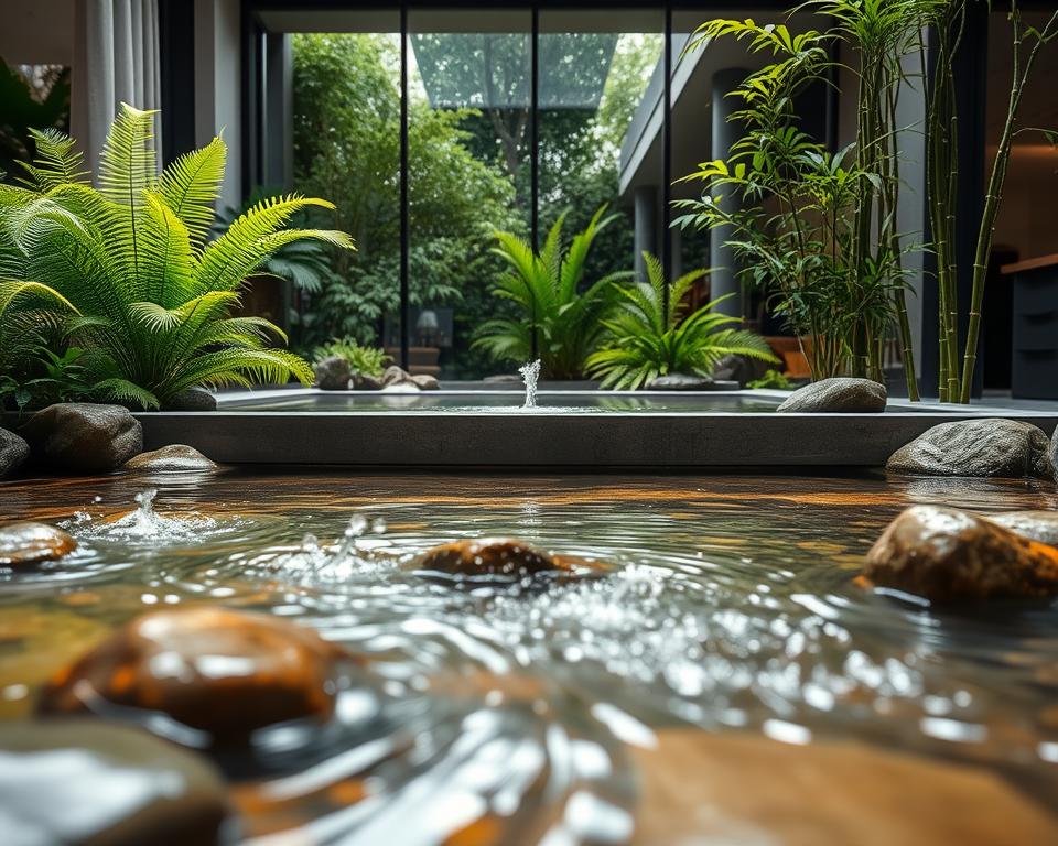 A serene indoor water feature designed in a modern pond style, serving as a striking focal point. In the foreground, gently rippling water flows over smooth stones, with splashes creating small, sparkling droplets. Vibrant green plants, such as ferns and dwarf bamboo, frame the edges, adding lushness to the scene. The mid-ground showcases a smooth, rectangular basin with ambient lighting subtly illuminating the water's surface, casting soft reflections. In the background, sleek glass windows allow natural light to filter in, accentuating the tranquil ambiance with soft dappled shadows. Focus on the harmonious blend of nature and design, evoking a peaceful and inviting atmosphere, ideal for elevating home interiors. Use a wide-angle lens to capture the entire scene with clarity and depth.