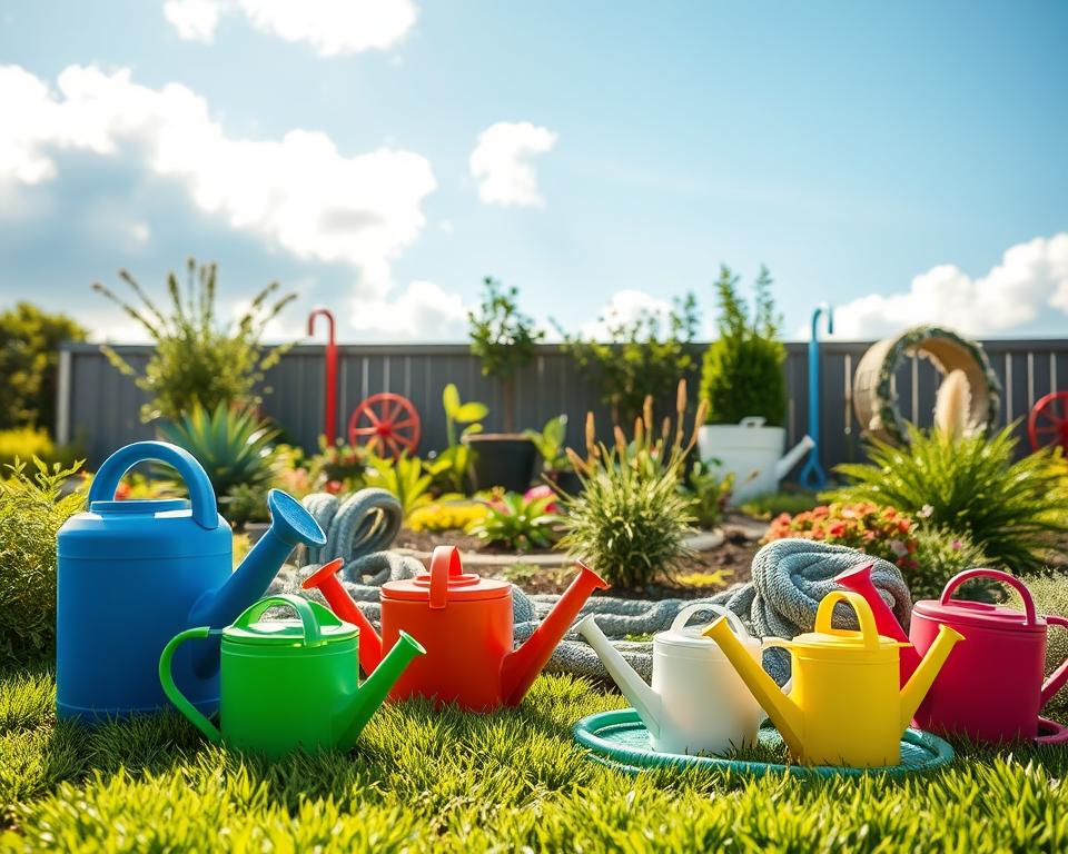 A serene outdoor scene showcasing a variety of eco-friendly aqua tools designed for enhancing gardens and outdoor spaces. In the foreground, vividly colored, sustainable watering cans made of recycled materials are arranged alongside compostable hoses. The middle ground features a beautifully landscaped garden with native plants and a rainwater collection system. In the background, a clear blue sky is visible with soft, billowy clouds and gentle sunlight illuminating the entire scene, creating a warm and inviting atmosphere. The image should be captured from a slightly elevated angle to provide a comprehensive view of the eco-friendly tools in action, emphasizing their utility and aesthetic appeal within a lush, green environment. A serene outdoor scene showcasing a variety of eco-friendly aqua tools designed for enhancing gardens and outdoor spaces. In the foreground, vividly colored, sustainable watering cans made of recycled materials are arranged alongside compostable hoses. The middle ground features a beautifully landscaped garden with native plants and a rainwater collection system. In the background, a clear blue sky is visible with soft, billowy clouds and gentle sunlight illuminating the entire scene, creating a warm and inviting atmosphere. The image should be captured from a slightly elevated angle to provide a comprehensive view of the eco-friendly tools in action, emphasizing their utility and aesthetic appeal within a lush, green environment.