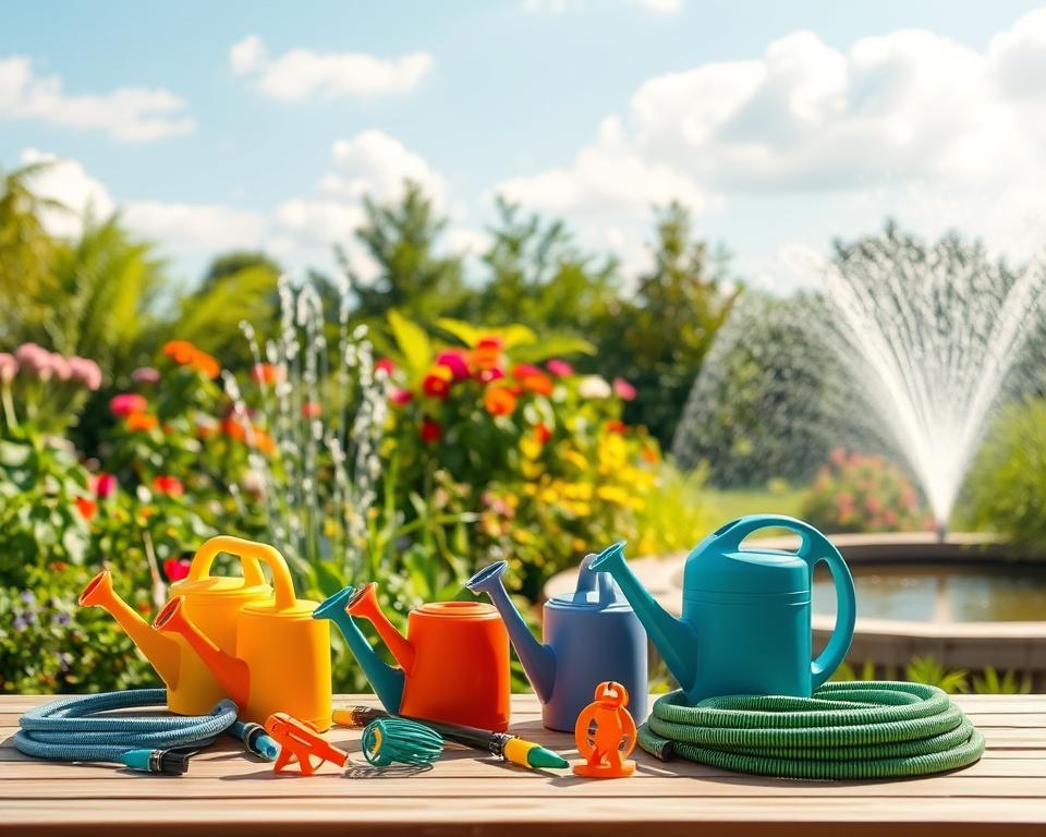 A serene outdoor scene showcasing a variety of low-cost aqua tools designed to enhance garden spaces. In the foreground, a colorful assortment of affordable watering cans, hoses, and portable garden sprinklers are neatly arranged on a wooden table. In the middle ground, a lush garden filled with vibrant flowers and greenery thrives, with a gentle mist created by a nearby sprinkler adding a refreshing touch. The background features a clear blue sky with soft, white clouds, and hints of a tranquil water feature like a small pond glistening in the sunlight. The atmosphere is bright and inviting, conveying a sense of relaxation and joy in outdoor living, captured with warm lighting that enhances the colors and details. The angle is slightly elevated, giving a comprehensive view of the tools and the flourishing garden environment. A serene outdoor scene showcasing a variety of low-cost aqua tools designed to enhance garden spaces. In the foreground, a colorful assortment of affordable watering cans, hoses, and portable garden sprinklers are neatly arranged on a wooden table. In the middle ground, a lush garden filled with vibrant flowers and greenery thrives, with a gentle mist created by a nearby sprinkler adding a refreshing touch. The background features a clear blue sky with soft, white clouds, and hints of a tranquil water feature like a small pond glistening in the sunlight. The atmosphere is bright and inviting, conveying a sense of relaxation and joy in outdoor living, captured with warm lighting that enhances the colors and details. The angle is slightly elevated, giving a comprehensive view of the tools and the flourishing garden environment.