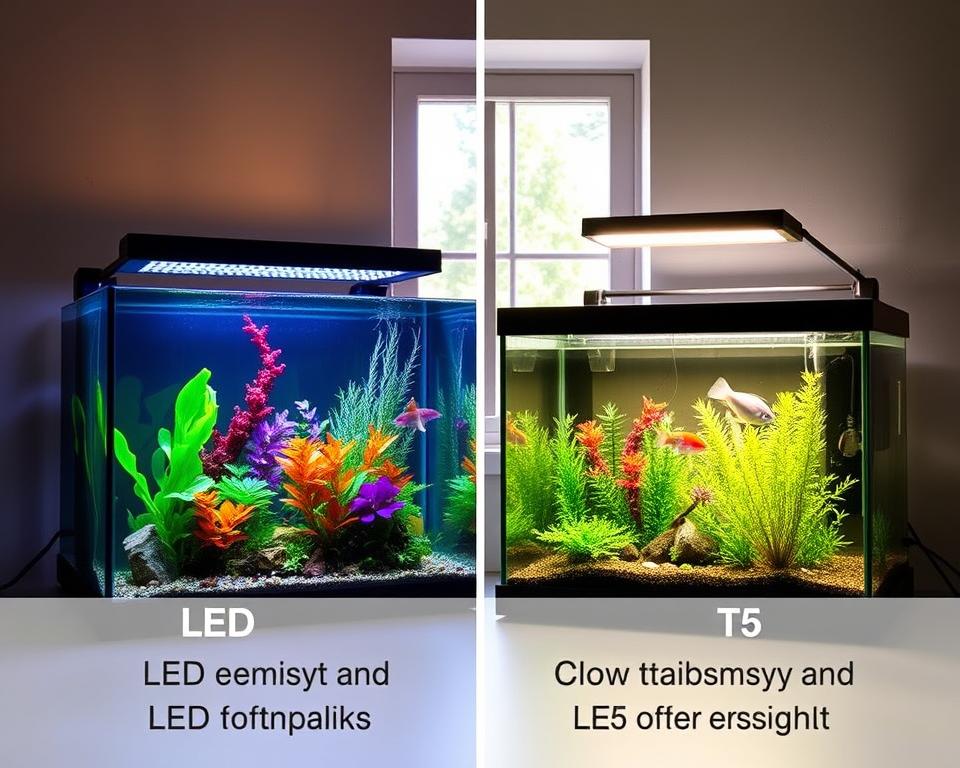 A split scene showcasing a vivid comparison between energy consumption of LED and T5 light sources for low light, low-maintenance fishkeeping. In the foreground, two aquarium setups side by side: on the left, a sleek modern LED system illuminating a vibrant underwater scene rich in plants and fish; on the right, a classic T5 system with slightly muted colors but a warm glow. The background features a soft gradient hinting at a cozy home environment. Natural light filters in through a nearby window, adding warmth, while soft shadows create depth. The angle captures both aquariums at eye level, showcasing their distinct aesthetics and lighting effects. The mood is informative yet inviting, perfect for an educational visual on energy efficiency.