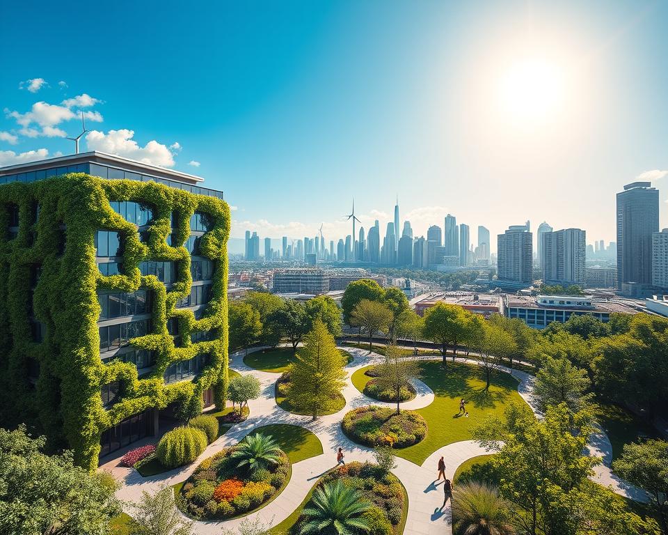 A stunning green building design set in an urban environment, showcasing eco-friendly architecture. In the foreground, a sleek, modern building covered with lush vertical gardens and solar panels. In the middle ground, a serene park with native plants, permeable pathways, and exercise spaces, emphasizing a nature-integrated lifestyle. The background features a vibrant city skyline with wind turbines on rooftops, beneath a clear blue sky streaming warm sunlight. The scene captures a harmonious balance between nature and urban living, evoking a sense of sustainability and innovation. The angle should be slightly elevated, providing a comprehensive view of this green oasis within the city. The atmosphere feels uplifting and inspiring, highlighting the beauty of CO2-free methods in modern urban development.
