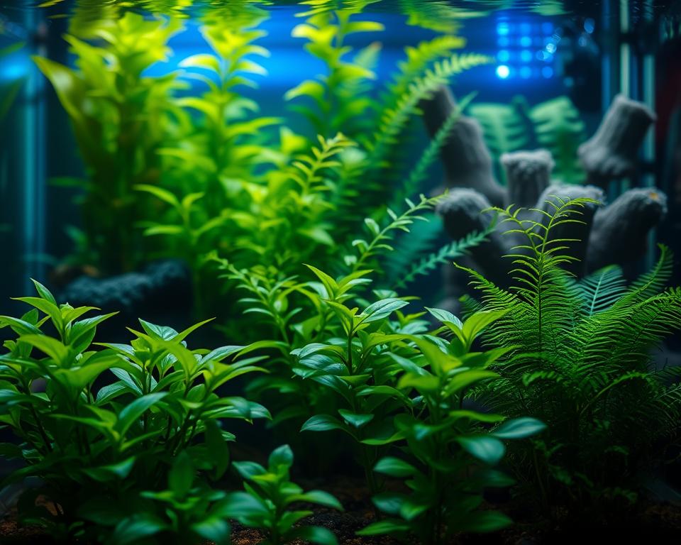 A tranquil low light aquarium scene featuring a variety of lush aquatic plants such as Anubias, Java Fern, and Cryptocoryne. The foreground showcases clusters of vibrant green plants with delicate leaves swaying gently in the gentle current. The middle ground has taller plants creating a soft, layered effect, while the background is filled with subtle hints of shadowy underwater vegetation. The lighting is dim, with ethereal blue and green LED lights illuminating the tank, casting a serene and calming ambiance. A shallow depth of field focuses sharply on the plants, creating a dreamy atmosphere. The water surface reflects soft glimmers of light, enhancing the enchanting and peaceful underwater environment, perfect for low-maintenance fishkeeping.