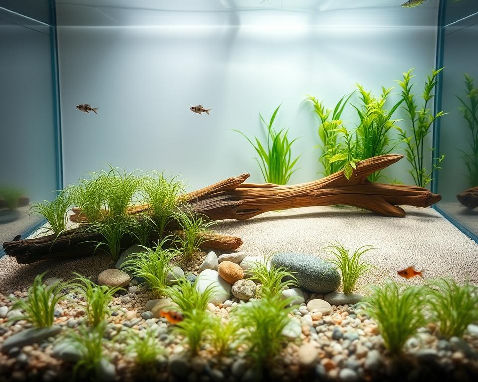 A tranquil minimalist planted aquarium showcasing an elegant aquascape. In the foreground, small clusters of delicate aquatic plants with fine, feathery leaves gently sway in the water, creating a serene setting. The middle section features a smooth, natural substrate with pebbles and driftwood artfully arranged to enhance the minimalist theme. Low-lighting casts soft, calming shadows, evoking a peaceful atmosphere. Tiny schooling fish, such as neon tetras and a few graceful cherry shrimp, dart playfully among the plants. In the background, hints of lush green foliage rise gently toward the water’s surface, framed by crystal-clear water. The angle captures a slightly elevated view, revealing the entire scene in a harmonious balance, creating a stunning underwater oasis. A tranquil minimalist planted aquarium showcasing an elegant aquascape. In the foreground, small clusters of delicate aquatic plants with fine, feathery leaves gently sway in the water, creating a serene setting. The middle section features a smooth, natural substrate with pebbles and driftwood artfully arranged to enhance the minimalist theme. Low-lighting casts soft, calming shadows, evoking a peaceful atmosphere. Tiny schooling fish, such as neon tetras and a few graceful cherry shrimp, dart playfully among the plants. In the background, hints of lush green foliage rise gently toward the water’s surface, framed by crystal-clear water. The angle captures a slightly elevated view, revealing the entire scene in a harmonious balance, creating a stunning underwater oasis.