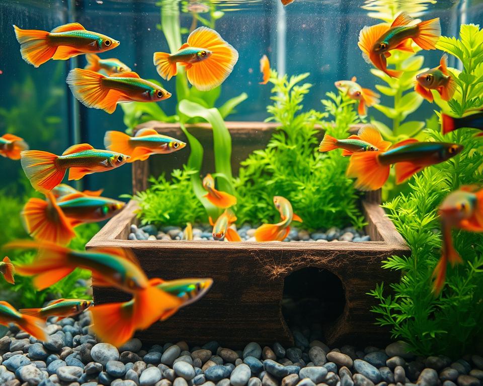 A vibrant aquarium scene filled with colorful guppies in various stages of breeding. In the foreground, a close-up view of male guppies showcasing their vivid colors and flowing fins, swimming around a spacious breeding box decorated with aquatic plants. In the middle, female guppies are resting near a cozy hiding spot, showing signs of readiness to breed, surrounded by lush greenery and finely detailed pebbles. In the background, soft sunlight filters through the water, casting a warm glow and creating a serene atmosphere. The overall mood is lively and nurturing, highlighting the beauty of guppy reproduction while ensuring a safe and healthy environment. The image should be crisp, captured with a macro lens to emphasize the intricate details of the guppies and their habitat, featuring clear, vivid colors and natural lighting.