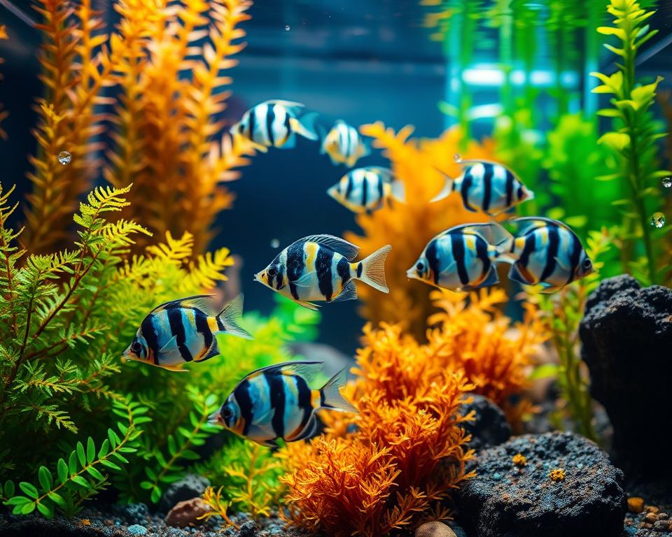 A vibrant aquarium scene showcasing a School of Zebra Danios energetically darting through a lush underwater environment. In the foreground, vivid aquatic plants like Java moss and Anubias create a natural habitat, while small, nutritious food particles float through the water, illustrating their diet. The middle ground features a few Zebra Danios, their striking blue and yellow stripes highlighted under soft, natural lighting, conveying a sense of health and vitality. In the background, a gentle flow from a small filter creates subtle ripples, enhancing the peaceful atmosphere. The overall mood is lively and engaging, capturing the essence of nurturing Zebra Danios for optimal hardiness. Use a wide-angle lens to encompass the entire aquarium setup, with clear visibility of all the elements.