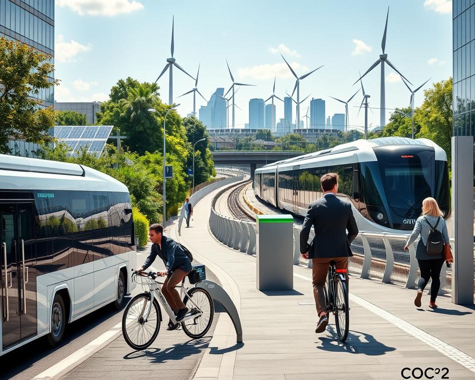 A vibrant cityscape showcasing CO2-free transportation options. In the foreground, a futuristic electric bus and a sleek bicycle sharing station are prominently displayed, with people in professional business attire peacefully commuting. The middle ground features a clean energy train gliding along elevated tracks, surrounded by lush greenery and solar panels. In the background, wind turbines tower above the skyline, highlighting a commitment to sustainable energy. Soft, natural lighting bathes the scene, casting gentle shadows and reflecting off glass surfaces, creating a bright and optimistic atmosphere. The angle captures the bustling yet harmonious interaction of urban life with nature, evoking a sense of progress and hope for CO2-free transportation solutions.